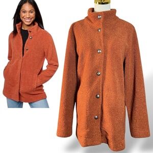 Susan Graver Weekend Sherpa Fleece Button Front Jacket Burnt Orange Size XL